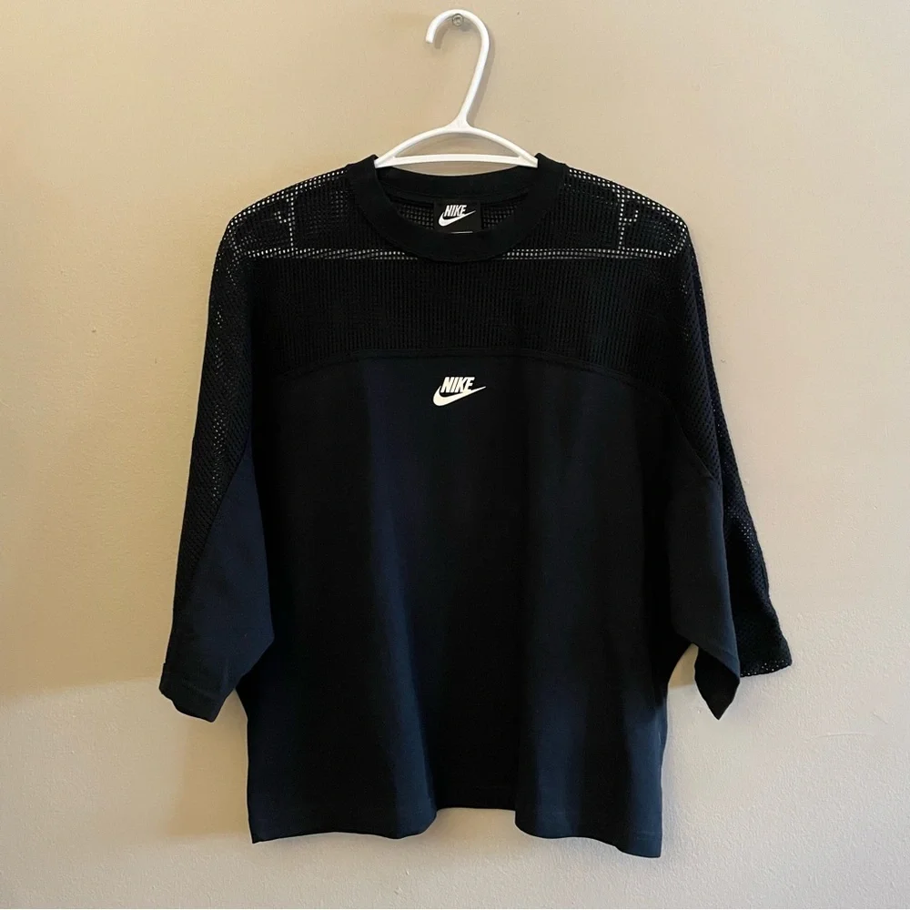 Nike Black Drop Sleeve Mesh Top w 3/4 Sleeve & Cropped Boxy Fit – Size Small EUC - Picture 3 of 14